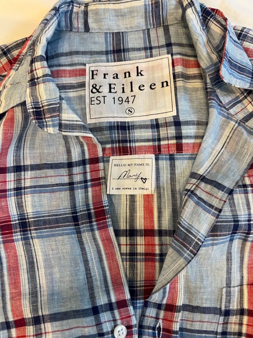 Frank & Eileen Mary Light Blue, Navy and Red Plaid Button-Down Linen Dress